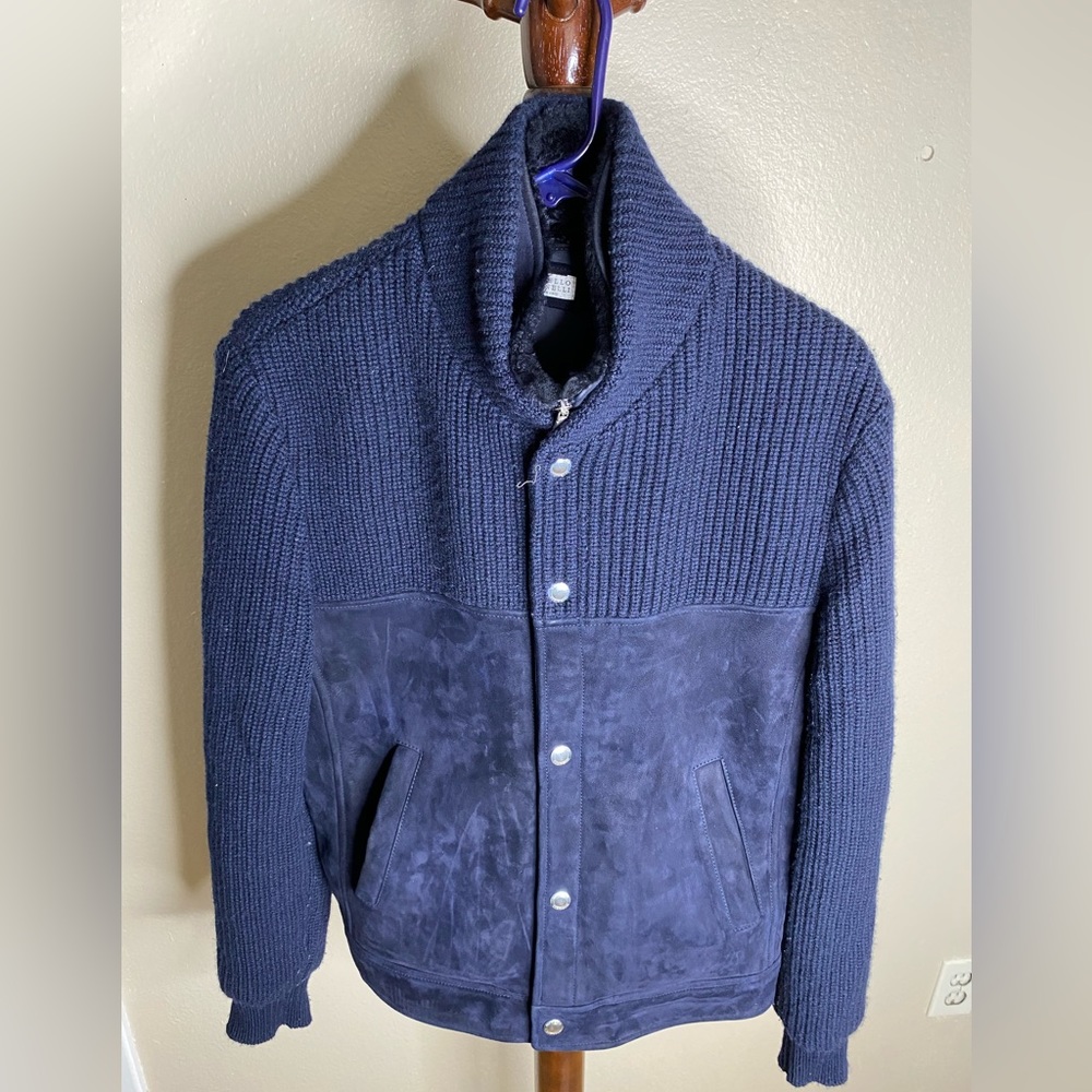 Brunello Cucinelli Men’s Cashmere and Suede Navy Bomber Jacket Size XS